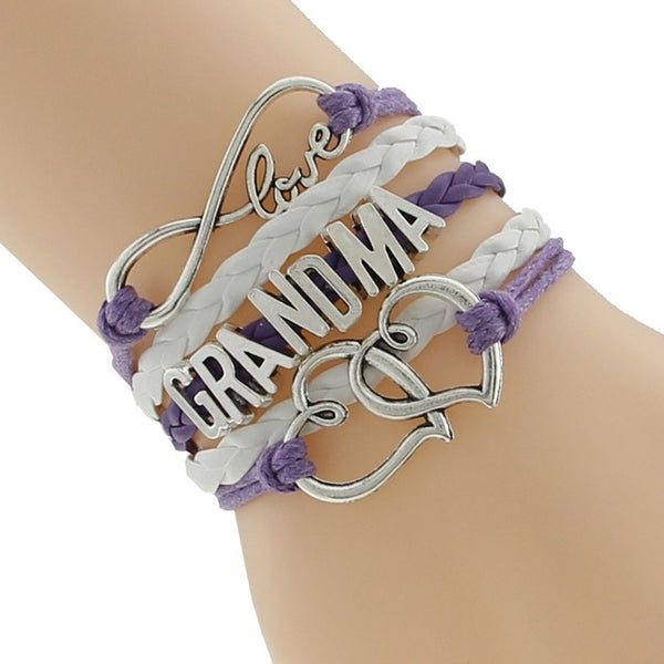 Pink With White Leather Braid Cord Silver Infinity Love Grandma Bracelet Charm Heart For Xmas Gift