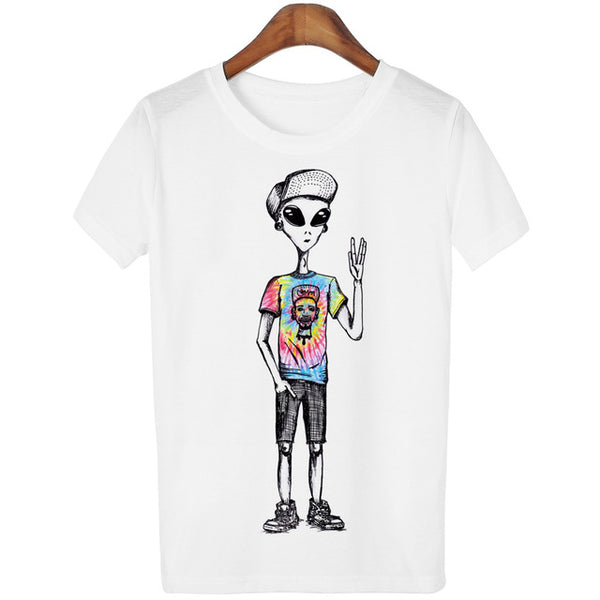 New Women Tshirt 18 Style Smoking Alien Print Funny Casual ET T-shirt For Lady White Plus Size Top Tees Hipster