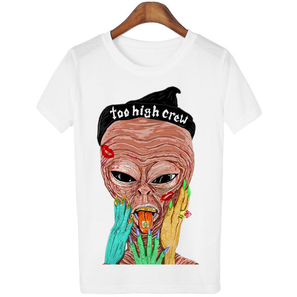 New Women Tshirt 18 Style Smoking Alien Print Funny Casual ET T-shirt For Lady White Plus Size Top Tees Hipster