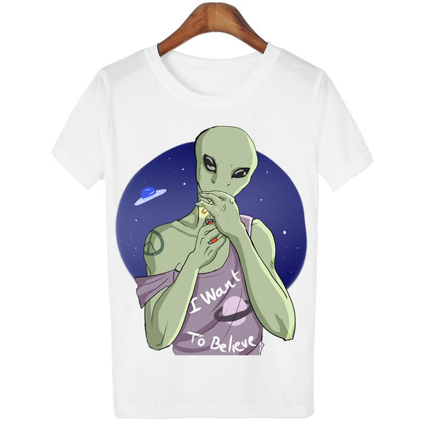 New Women Tshirt 18 Style Smoking Alien Print Funny Casual ET T-shirt For Lady White Plus Size Top Tees Hipster