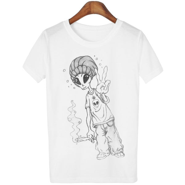 New Women Tshirt 18 Style Smoking Alien Print Funny Casual ET T-shirt For Lady White Plus Size Top Tees Hipster