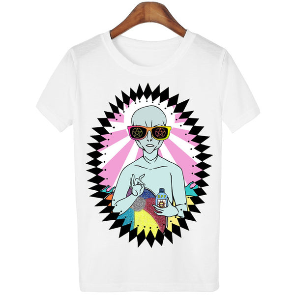 New Women Tshirt 18 Style Smoking Alien Print Funny Casual ET T-shirt For Lady White Plus Size Top Tees Hipster