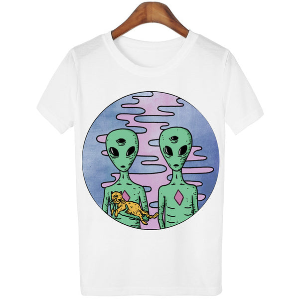 New Women Tshirt 18 Style Smoking Alien Print Funny Casual ET T-shirt For Lady White Plus Size Top Tees Hipster