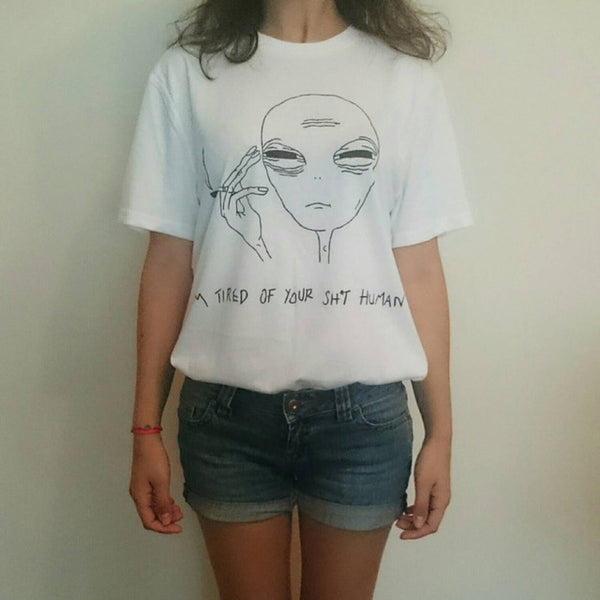 New Women Tshirt 18 Style Smoking Alien Print Funny Casual ET T-shirt For Lady White Plus Size Top Tees Hipster