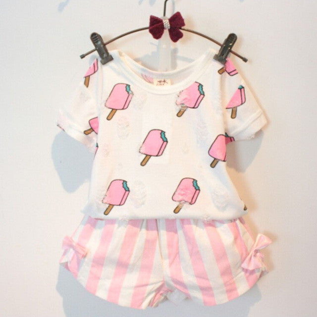Kids Girls Clothing Set Summer Style Kids Girl Clothes Cute Ice Cream Hole T-shirt +Striped Bow Short Suit 2 pcs Clothing