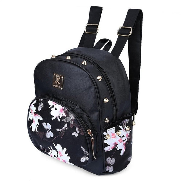 Women Cute School Bags Backpack Mini 2016 Fashion Back Pack Floral Printing Black Small PU Leather Backpack For Teenagers Girls