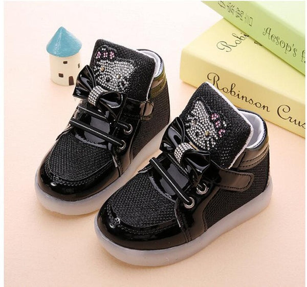 Hot New Baby Girls LED Light Shoes Toddler Anti-Slip Sports Boots Kids Sneakers Children's Cartoon Kitty Flats shoes 5 colors