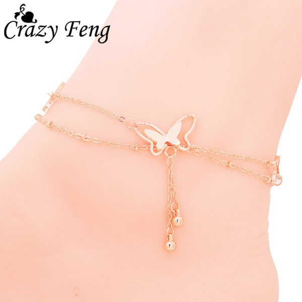 Charm  Butterfly Feet Anklet Jewelry Fashion 2016 Double Gold Chains Anklets For Women Party Foot Bracelet Jewelry Gift