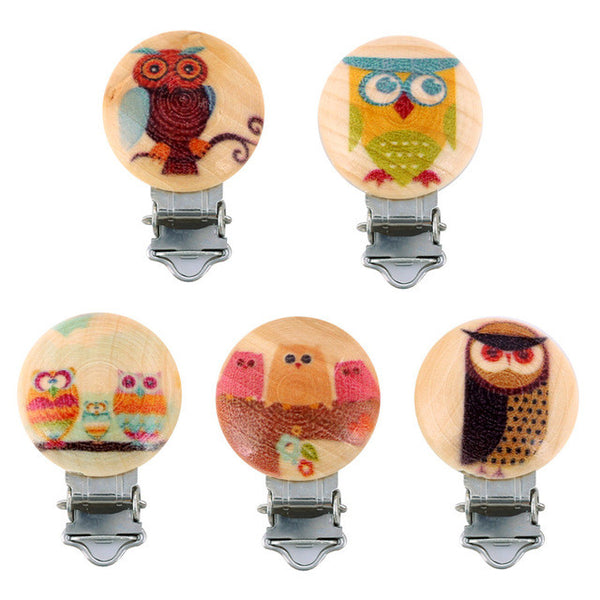 Wholesale 5pcs Cartoon Baby Nipple Clips Character Wooden Baby Pacifier Holder Clip Infant Round Nipple Clips