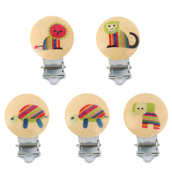 Wholesale 5pcs Cartoon Baby Nipple Clips Character Wooden Baby Pacifier Holder Clip Infant Round Nipple Clips
