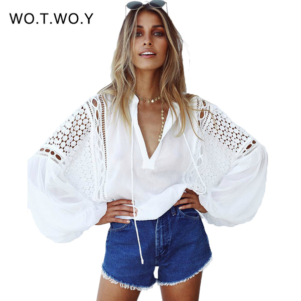 Deep V Loose Patchwork White Lace Blouse Women Hollow Out Lantern Long Sleeve Shirt Women Casual Chiffon Blouse Femme T705