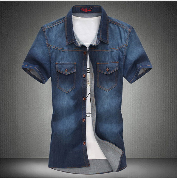 3 color blue summer denim jeans shirt for men short sleeves 2014 summer Korean style fashion washed Slim Man casual GOOD QUALITY