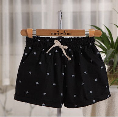 Free shipping 2016 New Summer Shorts With Cats Pattern High Waist Elastic Cotton Short Fresh Floral Women Shorts Feminino A212