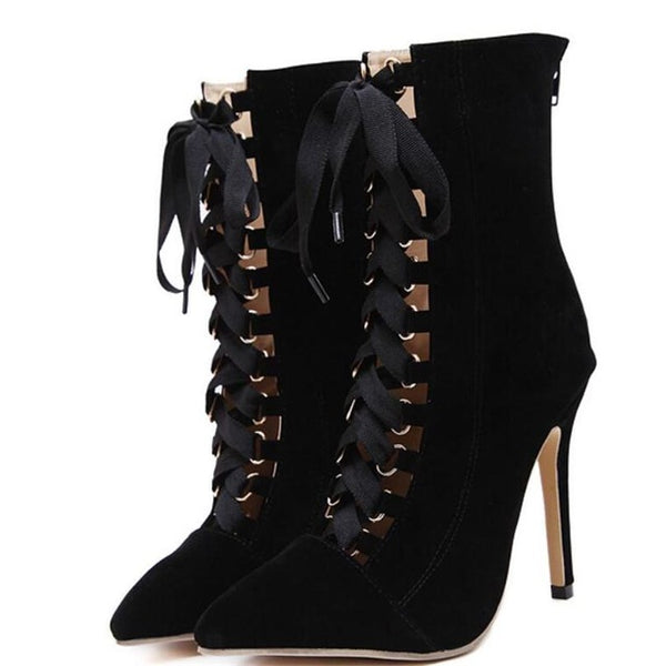 High Quality Gladiator High Heels Women Pumps Genova Stiletto Sandal Booties Pointed Toe Strappy Lace Up Pumps Shoes Woman Boots
