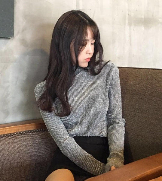 Tumblr Camisetas South Korea Autumn Spring Long Sleeve Show Thin Shiny Glitter Bling Joker Pleated Metal Base T Shirt Woman