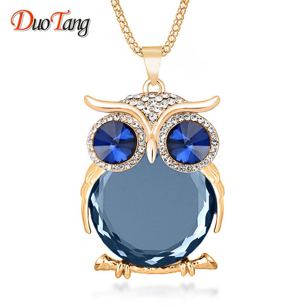 DuoTang High Quality Vintage Necklaces Zinc Alloy Crystal Jewelry Owl Necklace Pendant Long Popcorn Chain Necklace For Women