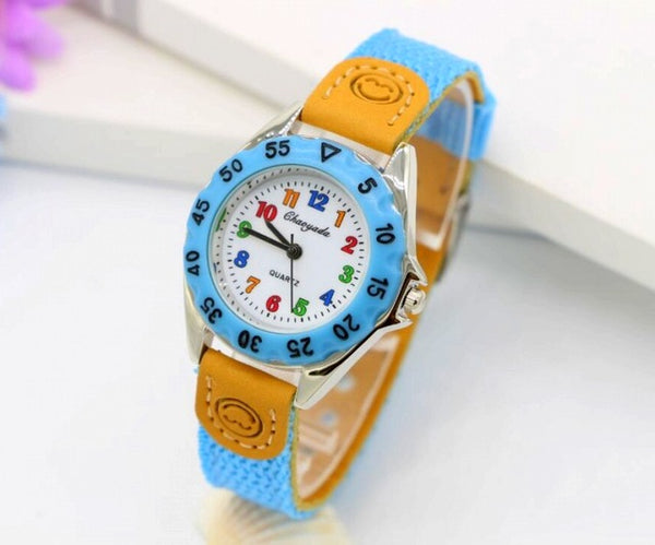 High Quality Blue Boy Black Watch Girl Kids Children's Gift Fabric Strap Learn Time Tutor Student Wristwatch 1486