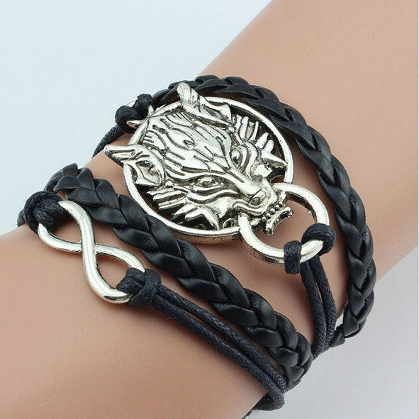 Game of Thrones Men Leather Bracelet Song of Ice and Fire Vintage Punk Antique Silver Dragon Charm for Women