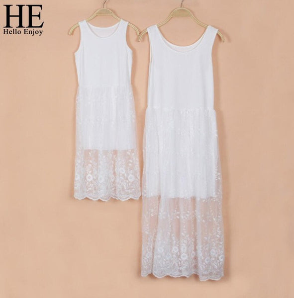 HE Hello Enjoy mother daughter dresses 2017 Family Matching Outfits Sleeveless long white lace dress family matching clothes