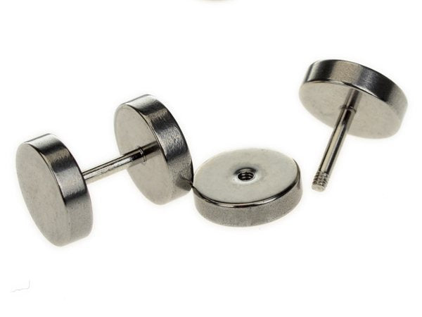 2Pcs Mens Barbell Punk Gothic 6-14mm Stainless Steel Ear Studs Fake Ear Plug Stretcher Cheater Earring Piercing Jewelry