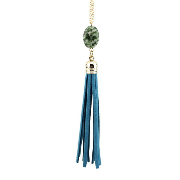 Boho Velvet Long Tassel Necklace 2016 Summer Style Leather Tassel Natural Stone Necklace for Women Sweater Chain Fashion Jewelry