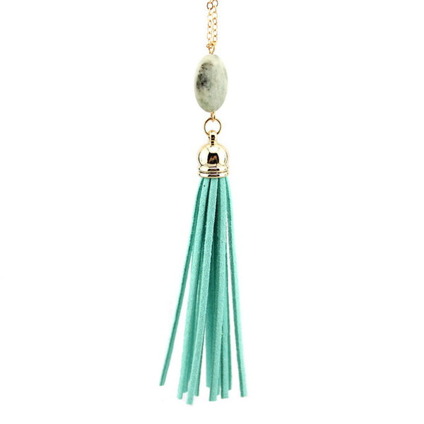 Boho Velvet Long Tassel Necklace 2016 Summer Style Leather Tassel Natural Stone Necklace for Women Sweater Chain Fashion Jewelry