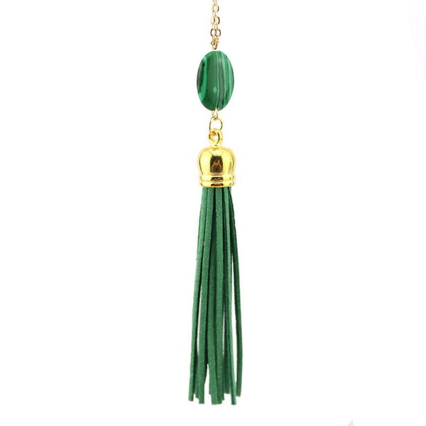 Boho Velvet Long Tassel Necklace 2016 Summer Style Leather Tassel Natural Stone Necklace for Women Sweater Chain Fashion Jewelry