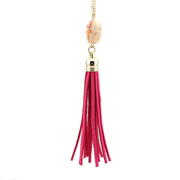 Boho Velvet Long Tassel Necklace 2016 Summer Style Leather Tassel Natural Stone Necklace for Women Sweater Chain Fashion Jewelry