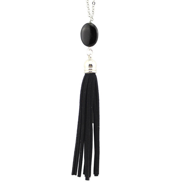 Boho Velvet Long Tassel Necklace 2016 Summer Style Leather Tassel Natural Stone Necklace for Women Sweater Chain Fashion Jewelry