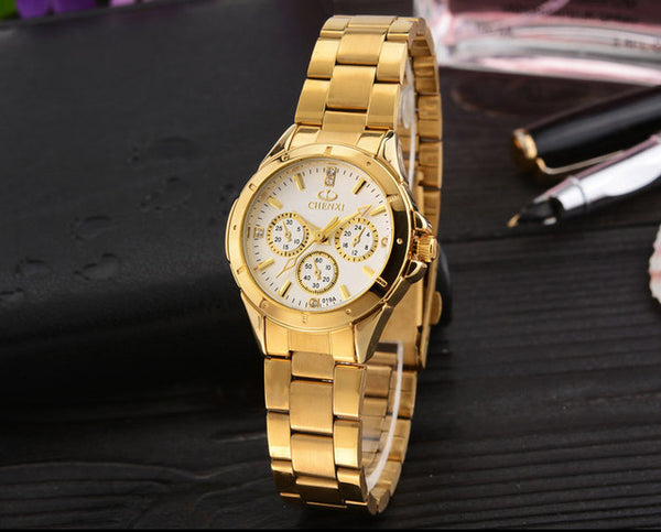 CHENXI Lovers Quartz Watches Women Men Gold WristWatches Top Brand Luxury Female Male Clock IPG Golden Steel Watch