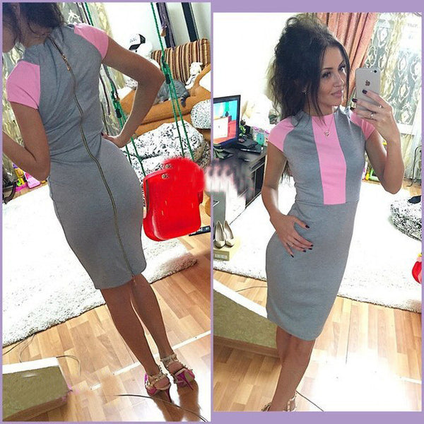 Sexy Summer Dress Women Pink Gray Color Block Tight Fitted Dresses 2017 Ladies Sexy Bandage Zipper Back Dress Vestidos J3271