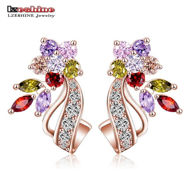 LZESHINE 2016 New Hot Flower Stud Earrings Multicolor/Clear AAA Zirconia Stone Wedding Bride Jewelry joyas novia boda CER0201