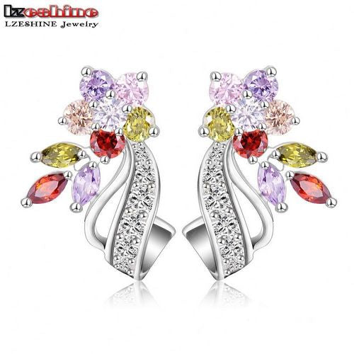 LZESHINE 2016 New Hot Flower Stud Earrings Multicolor/Clear AAA Zirconia Stone Wedding Bride Jewelry joyas novia boda CER0201