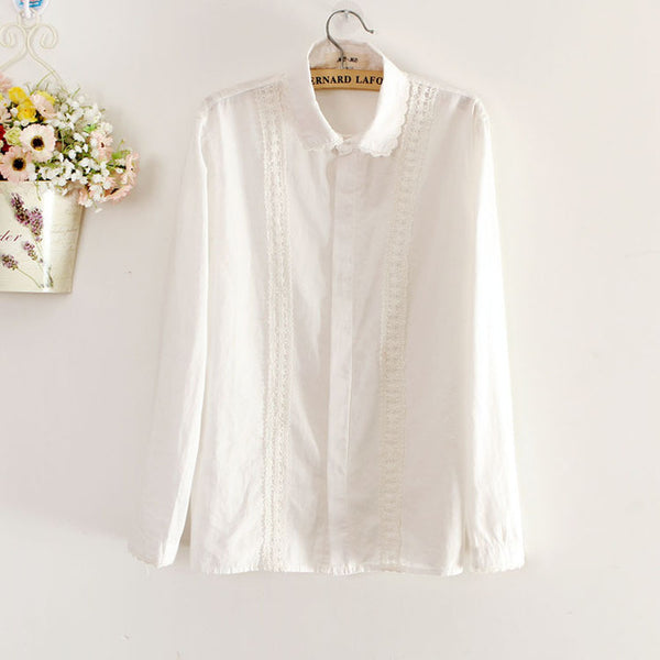 White Blouse Women Work Wear Button Up Lace Turn Down Collar Long Sleeve Cotton Top Shirt Plus Size S-XXL blusas feminina T56302