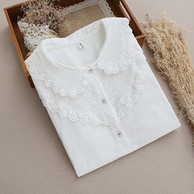 White Blouse Women Work Wear Button Up Lace Turn Down Collar Long Sleeve Cotton Top Shirt Plus Size S-XXL blusas feminina T56302