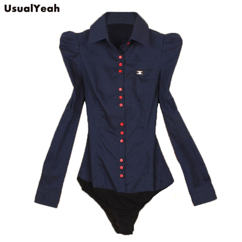 2017 New Fashion Elegant Long sleeve Cotton OL Body Shirt Button Design Dark Blue White Red S-3XL SY0095 Free shipping Plus Size