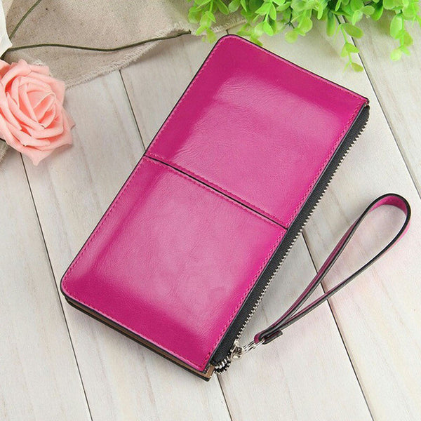 Women famous brand Oil wax leather zipper clutch wallet female candy color burglar robbed purse lady Multi-function phone bag