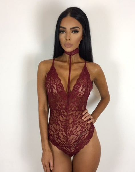 Lace Bodysuit Women Sexy Hollow Out See Through Sexy Club Jumpsuits Slim Sleeveless Choker Slip Elegant Jumpsuit