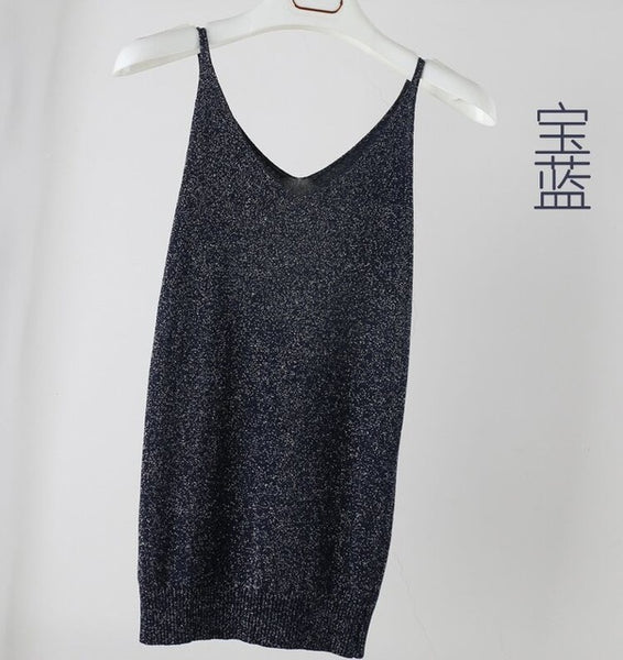 Summer Women Fashion Slim Knitting Tank Tops Female Bodycon Camisole Sleeveless T shirts With Shinning Rayon Knitted