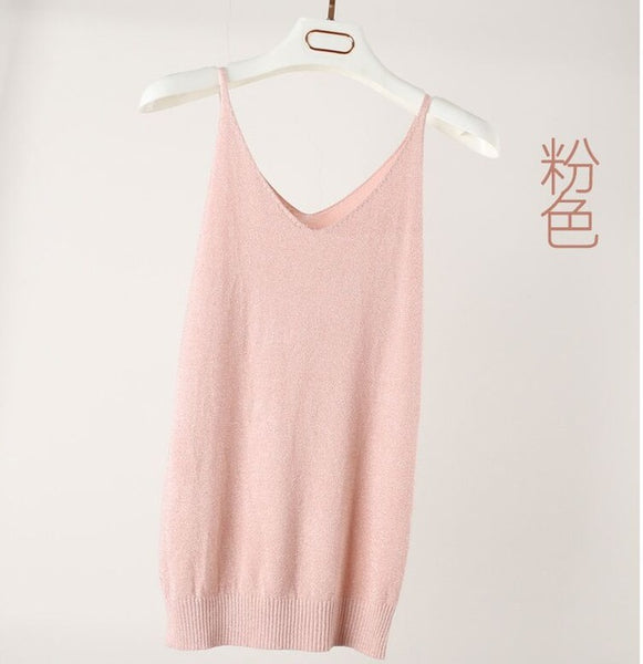 Summer Women Fashion Slim Knitting Tank Tops Female Bodycon Camisole Sleeveless T shirts With Shinning Rayon Knitted