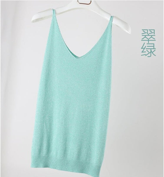 Summer Women Fashion Slim Knitting Tank Tops Female Bodycon Camisole Sleeveless T shirts With Shinning Rayon Knitted