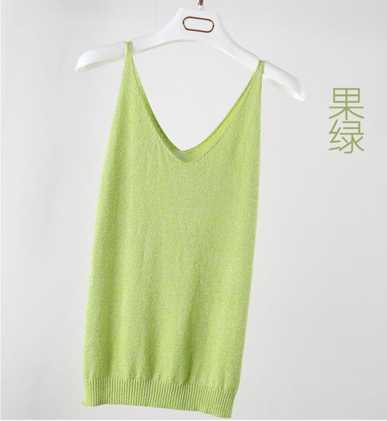 Summer Women Fashion Slim Knitting Tank Tops Female Bodycon Camisole Sleeveless T shirts With Shinning Rayon Knitted