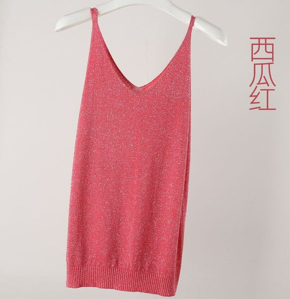 Summer Women Fashion Slim Knitting Tank Tops Female Bodycon Camisole Sleeveless T shirts With Shinning Rayon Knitted