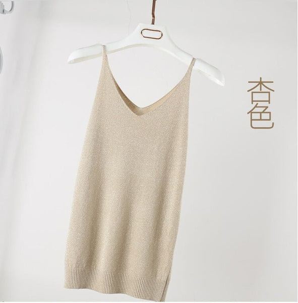 Summer Women Fashion Slim Knitting Tank Tops Female Bodycon Camisole Sleeveless T shirts With Shinning Rayon Knitted