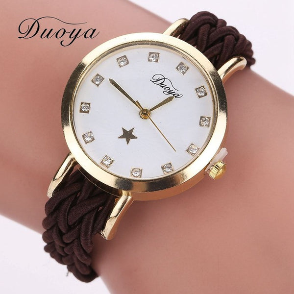 2017 New Fashion Women Gold Braided Leather Wrist Watch For Women Ladies Dress Star Crystal Luxury Crystal Quartz Watch Clock