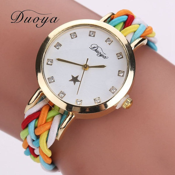 2017 New Fashion Women Gold Braided Leather Wrist Watch For Women Ladies Dress Star Crystal Luxury Crystal Quartz Watch Clock