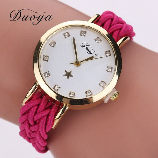 2017 New Fashion Women Gold Braided Leather Wrist Watch For Women Ladies Dress Star Crystal Luxury Crystal Quartz Watch Clock
