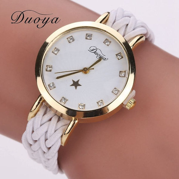 2017 New Fashion Women Gold Braided Leather Wrist Watch For Women Ladies Dress Star Crystal Luxury Crystal Quartz Watch Clock