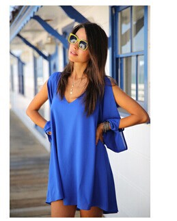 Summer Dress 017 casual Plus Size Women Clothing Long sleeve solid color Chiffon V Dress Vestidos Beach Dress Loose neck dress