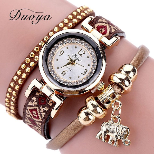 Duoya Luxury Brand Fashion Women Gold Elephant Quartz Crystal Dress Bracelet Watch Clock Female Women Girl Wristwatches Gift